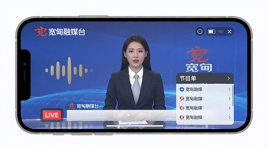 画面中一部手机横向放置,屏幕播放宽甸融媒直播节目画面,画面中有新闻主播和宽甸融媒台标,旁边有广播波形图标,布局居中对称,风格为现代简约,细节包含清晰的直播按钮和节目单浮层,画质高清干净无多余元素