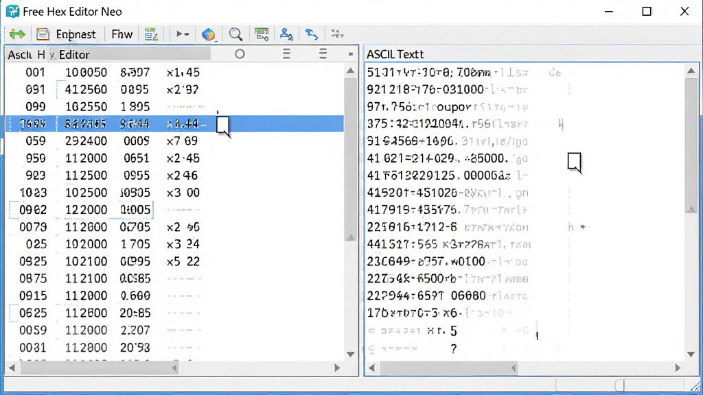 一张展示Free Hex Editor Neo多视图功能的AI生成图,主体为软件界面中十六进制数据区与ASCII文本区并排显示,布局为左右分栏对照,排版为左侧十六进制数值列、右侧对应文本字符列,风格为简洁专业的软件截图风,细节包括高亮选中的字节、光标位置指示、滚动条同步联动效果,画质高清干净,无多余元素