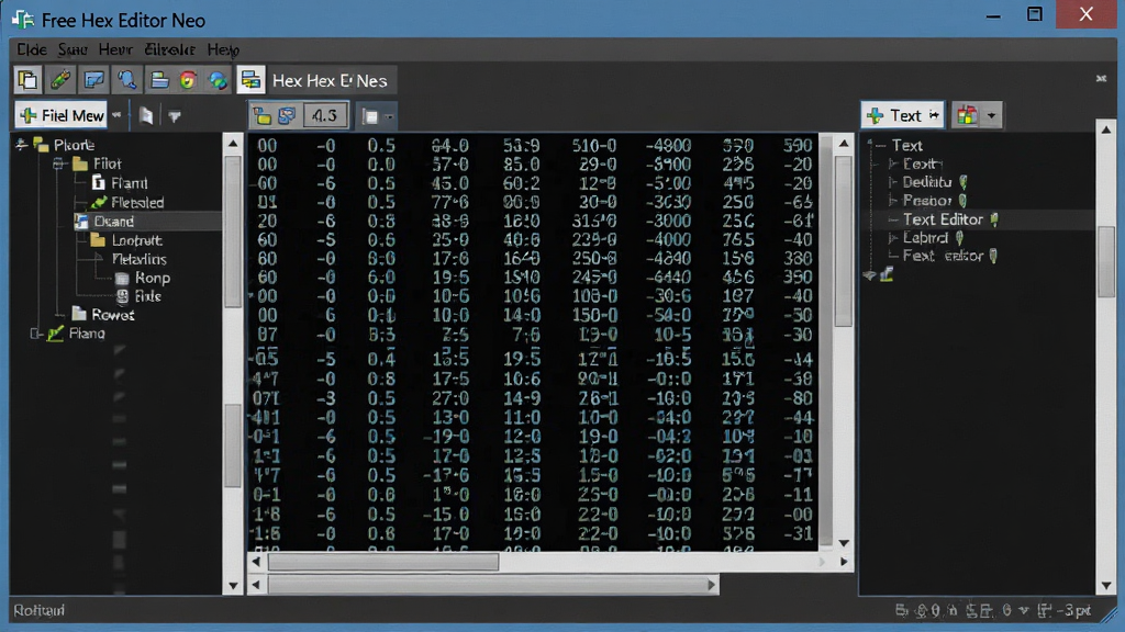 一张展示Free Hex Editor Neo软件界面的数字插画,主体为电脑屏幕中显示十六进制编辑器的窗口界面,布局为软件主界面居中展示,排版为上方标题栏、左侧文件结构树、中间十六进制数据区、右侧文本对照区,风格为现代科技感扁平化设计,细节包括十六进制数值高亮、滚动条、菜单栏按钮等,画质清晰干净,无多余元素