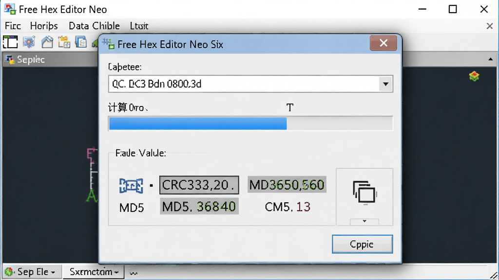 一张展示Free Hex Editor Neo数据校验功能的AI生成图,主体为软件界面中校验和计算对话框,布局为对话框居中显示,排版为上方算法选择下拉框、中间计算进度条、下方校验值结果展示区,风格为专业工具软件界面风格,细节包括CRC32和MD5数值高亮显示、复制按钮、算法图标,画质清晰干净,无多余元素