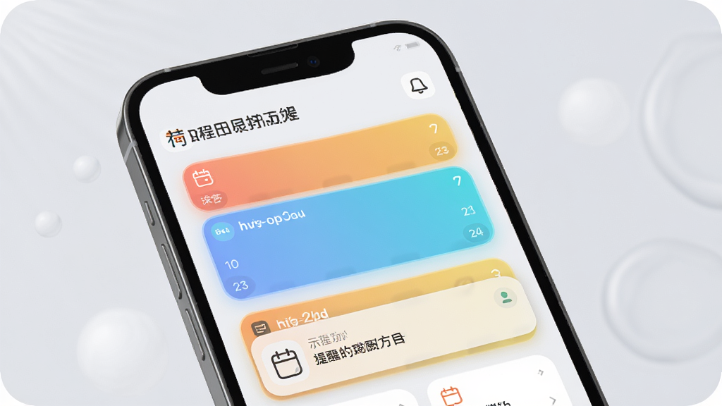 有灵日历日程提醒功能示意图,画面展示一部手机屏幕上有彩色日程卡片和提醒通知,背景为柔和的浅灰色,布局为手机正面展示,排版简洁明了,风格为现代UI设计风格,细节上卡片圆角自然、图标精致、文字清晰,画质高清,干净无多余元素