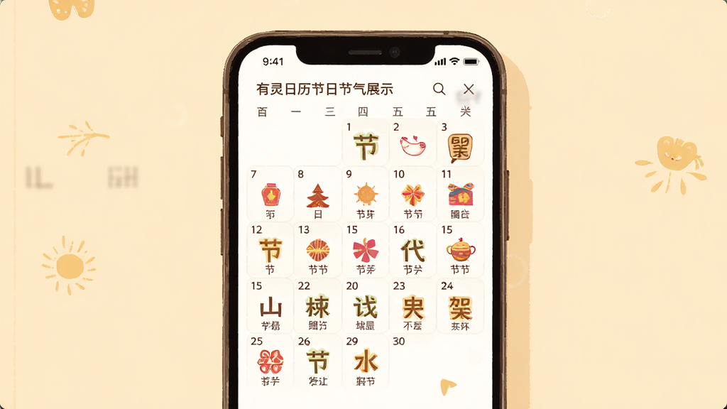 有灵日历节日节气展示图,画面中央为一部手机展示日历月视图,日期格中标注了不同节日图标和节气文字,背景为温暖的米黄色,布局为手机居中,排版整齐,风格为温馨插画风,细节上节日图标色彩丰富、节气文字清晰,画质高清,干净无多余元素
