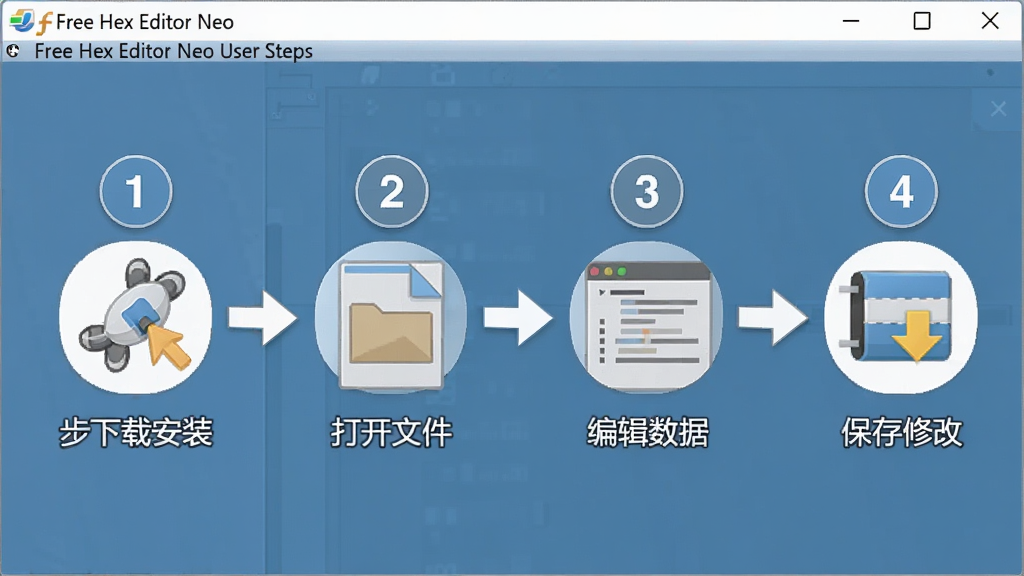 一张展示Free Hex Editor Neo使用步骤的AI生成图,主体为电脑屏幕上软件操作流程示意图,布局为四步流程图横向排列,排版为第一步下载安装、第二步打开文件、第三步编辑数据、第四步保存修改,风格为简洁教程风扁平化设计,细节包括步骤编号圆圈、箭头连接、软件图标,画质清晰干净,无多余元素