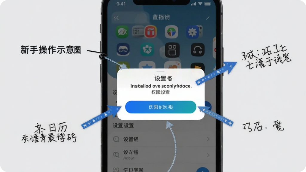 有灵日历新手操作示意图,画面展示一部手机屏幕上有安装权限弹窗和设置选项,旁边有箭头标注操作步骤,背景为浅灰色,布局为手机居中加标注文字,排版清晰,风格为教程图解风,细节上弹窗按钮清晰、箭头指向明确,画质高清,干净无多余元素