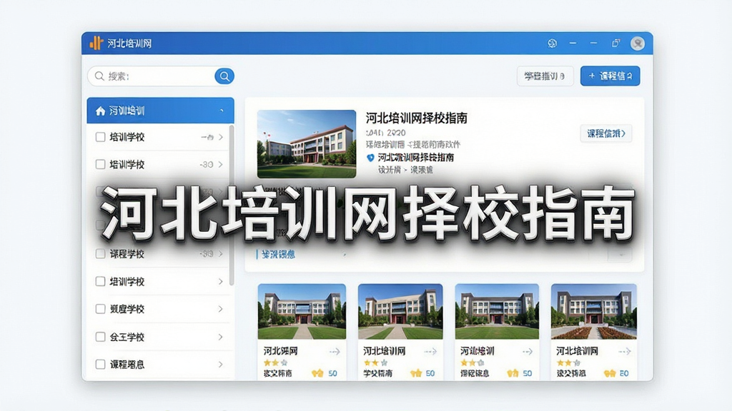 一张展示河北培训网择校指南软件界面的图片,画面中央为软件主窗口,左侧显示培训学校分类列表,右侧展示学校详情与课程信息,整体布局清晰,采用蓝色与白色为主色调,风格简洁现代,细节包括搜索框、筛选按钮和学校卡片,画质清晰,干净无多余元素,图片中打文字“河北培训网择校指南”