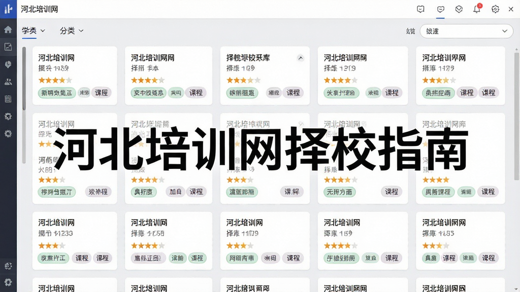 一张展示河北培训网择校指南海量学校信息库功能的图片,画面主体为软件界面中密集排列的学校列表,每所学校以卡片形式展示名称、评分和课程标签,背景为浅灰色,布局整齐,风格商务简约,细节包括滚动条和分类筛选栏,画质清晰,干净无多余元素,图片中打文字“河北培训网择校指南”