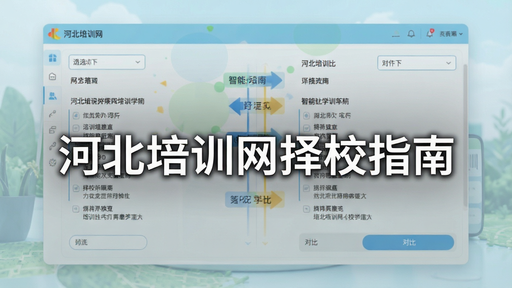 一张展示河北培训网择校指南智能筛选与对比功能的图片,画面中央为软件对比界面,左右两侧分别列出两所培训学校的详细信息,中间有对比高亮标记,整体布局对称,风格清新浅色,细节包括筛选条件下拉框和对比按钮,画质清晰,干净无多余元素,图片中打文字“河北培训网择校指南”