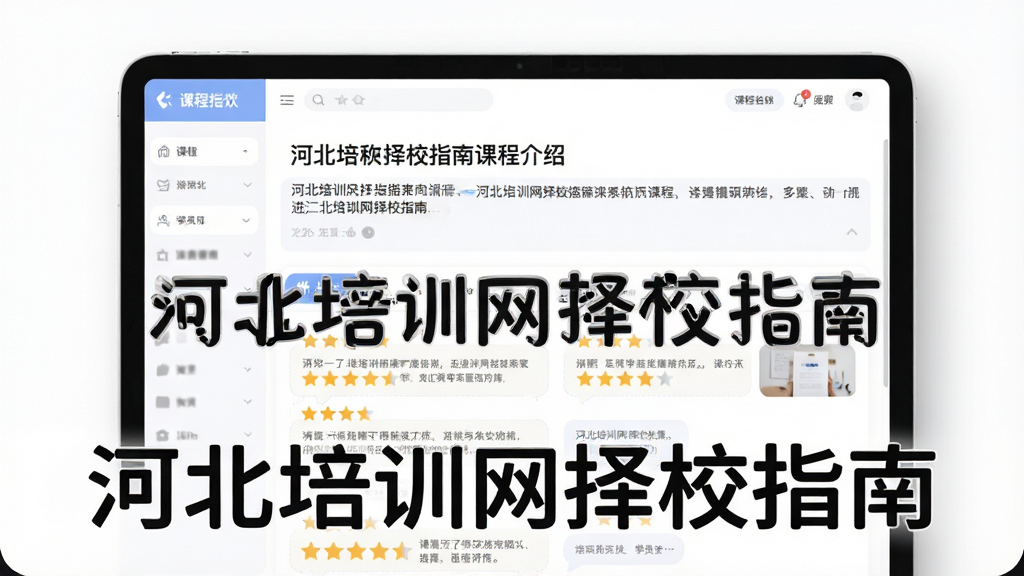 一张展示河北培训网择校指南课程详情与评价参考功能的图片,画面主体为软件界面中课程详情页,上方显示课程名称与介绍,下方排列学员评价星级和文字反馈,背景为白色,风格柔和圆角,细节包括评分星星和评论气泡,画质清晰,干净无多余元素,图片中打文字“河北培训网择校指南”
