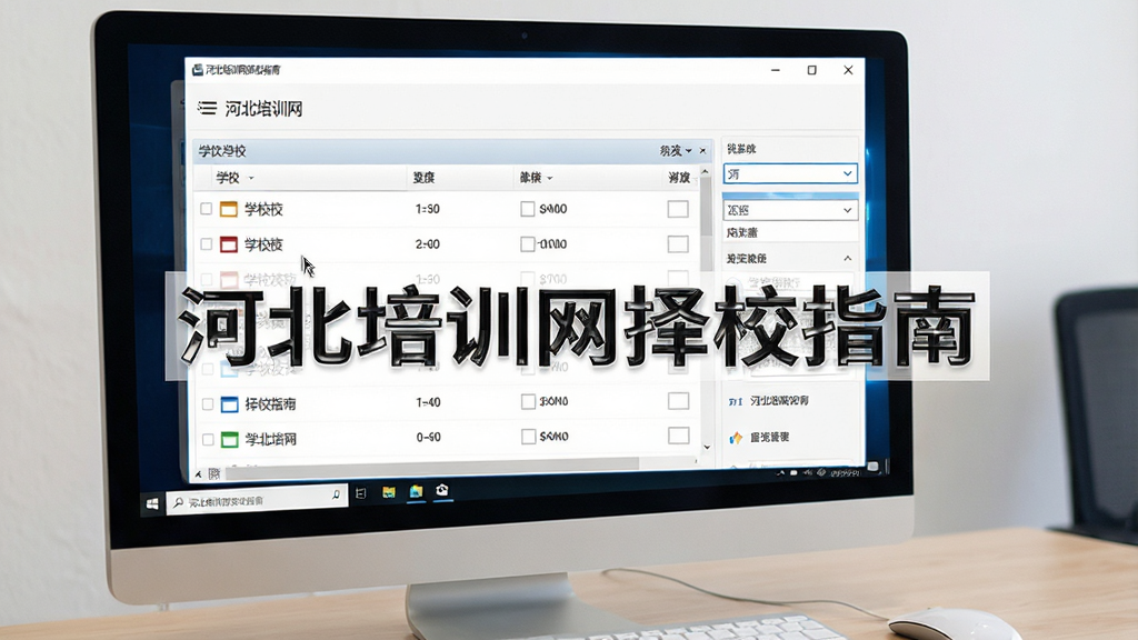 一张展示河北培训网择校指南在Windows电脑上运行的图片,画面主体为电脑桌面和软件窗口,窗口内显示学校列表和筛选面板,旁边有鼠标指针,风格简约商务,细节包括任务栏和窗口控制按钮,画质清晰,干净无多余元素,图片中打文字“河北培训网择校指南”