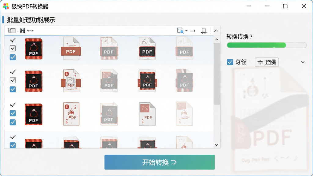 极快PDF转换器批量处理功能展示,画面中显示软件界面内多个PDF文件列表,文件前方有勾选框,底部有开始转换按钮,界面右侧显示转换进度条,整体布局工整,风格商务简洁,细节清晰,画质高清,干净无多余元素