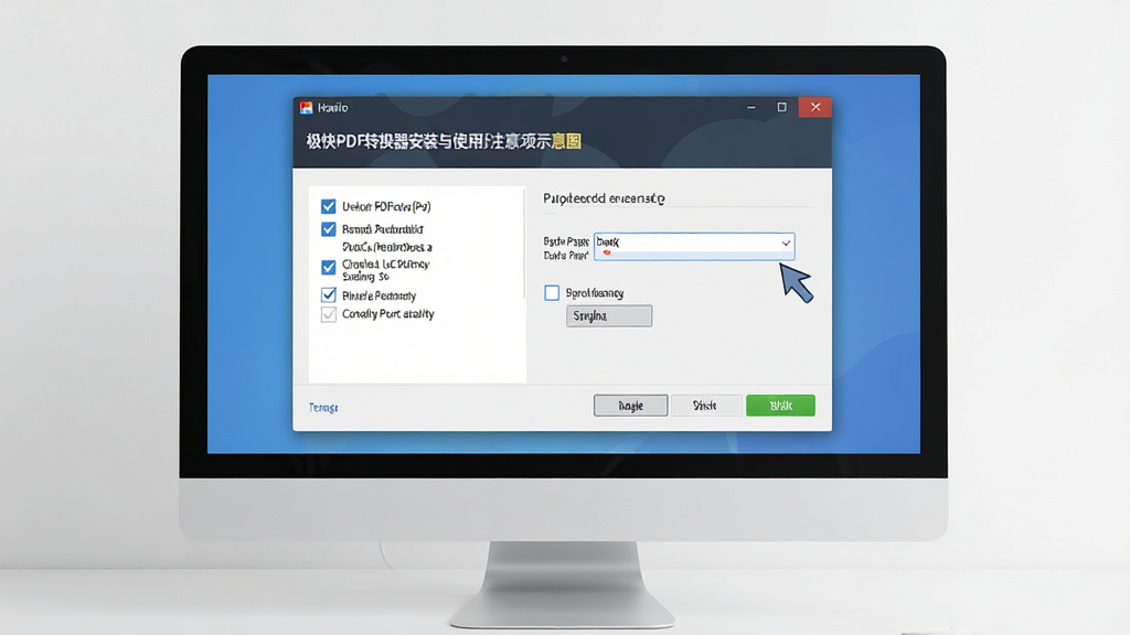极快PDF转换器安装与使用注意事项示意图,画面中显示电脑屏幕上的安装向导界面,旁边有勾选框和安装路径选择框,背景为干净的桌面环境,风格写实简洁,布局清晰,细节到位,画质高清,干净无多余元素