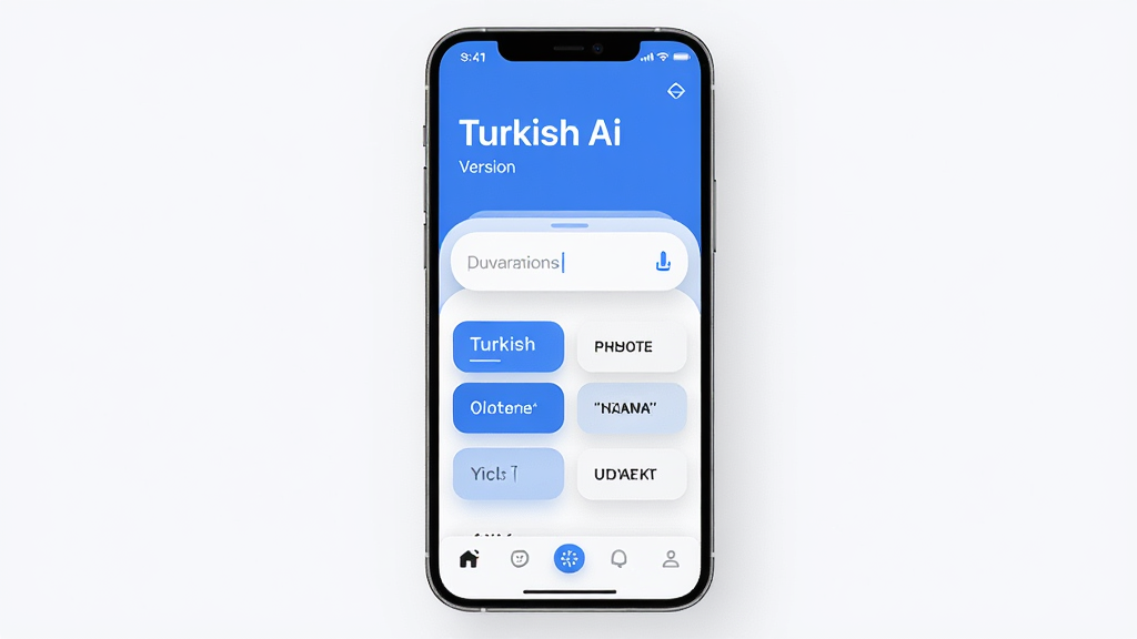 Turkish Ai 软件主界面预览,主体为一部智能手机竖屏展示应用首页,布局上方为软件名称“Turkish Ai”和版本标识,中部为对话输入框与常用短语卡片,底部为导航按钮,排版清晰整齐,风格为现代简约科技风,细节包括圆角卡片、柔和阴影、蓝白配色,画质高清干净无多余元素