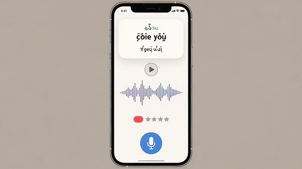 Turkish Ai 发音学习界面,主体为手机屏幕显示土耳其语单词和音标,布局上方为单词卡片中部为声波波形底部为麦克风按钮,排版垂直居中,风格为柔和圆角设计,细节包括播放按钮、录音状态指示、评分星级,画质高清干净无多余元素