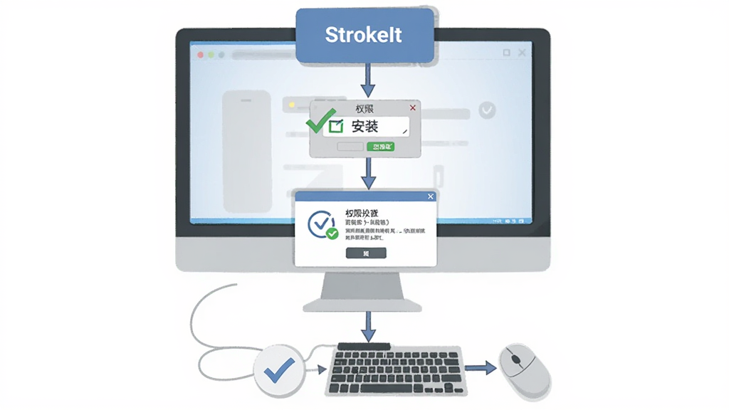 StrokeIt 安装与权限设置流程图,主体为电脑屏幕与鼠标操作步骤,布局为纵向流程排列,排版清晰,风格为扁平插画,细节包含安装勾选、权限弹窗、托盘图标等元素,画质高清干净无多余元素