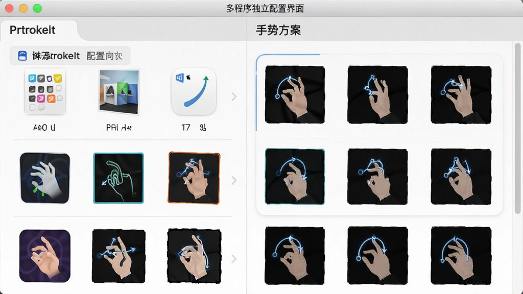 StrokeIt 多程序独立配置界面,主体为程序列表与手势方案对应关系,布局为表格化排列,排版清晰,风格为素雅极简,细节包含不同软件图标与手势轨迹缩略图,画质高清干净无多余元素