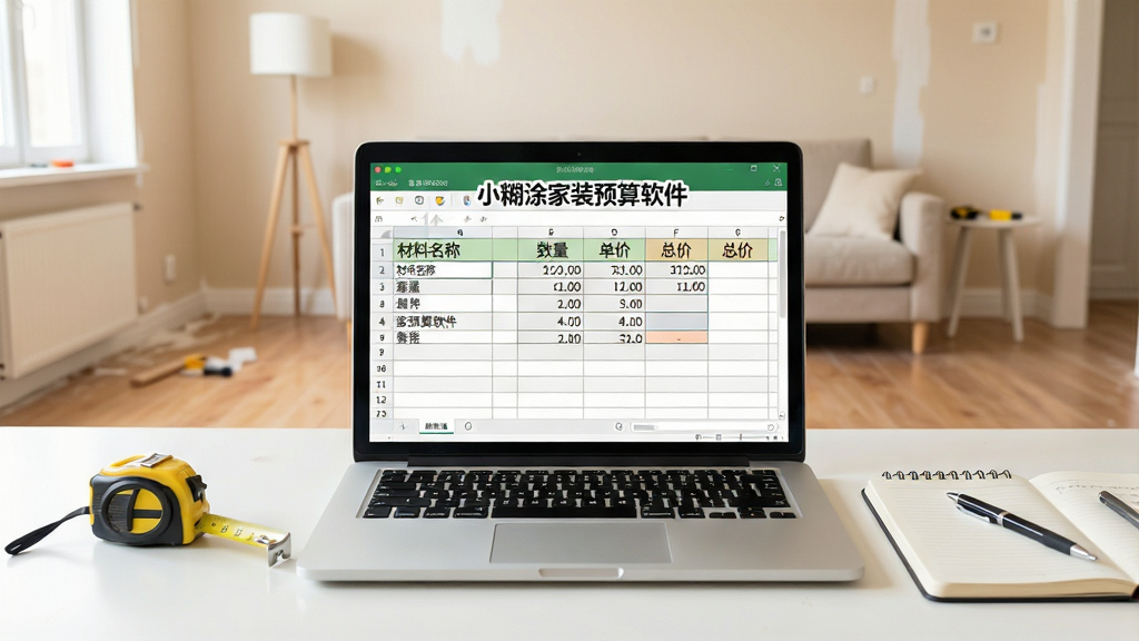 一张整洁的家装预算工作台场景图,画面中央是一台打开的笔记本电脑,屏幕上显示“小糊涂家装预算软件”的表格界面,表格中包含材料名称、数量、单价、总价等栏目,旁边放着一把卷尺、一本记事本和一支笔,背景是温馨的客厅装修现场,墙面刷着浅色乳胶漆,地面铺着木地板,光线明亮柔和,整体风格写实清晰,画质细腻干净,无多余元素,图片中文字为“小糊涂家装预算软件”