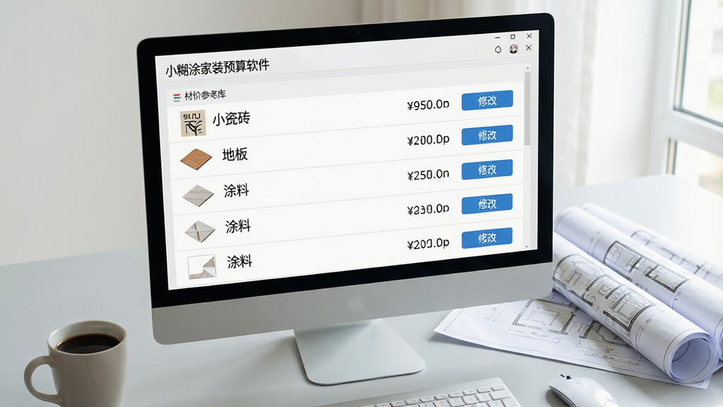 一张展示“小糊涂家装预算软件”材料单价参考库界面的图片,画面中屏幕显示瓷砖、地板、涂料等分类列表,每个分类旁有价格区间和修改按钮,界面风格简洁清晰,背景是浅灰色办公桌面,桌上放着一杯咖啡和几份装修图纸,光线自然,画质干净,图片中文字为“小糊涂家装预算软件”