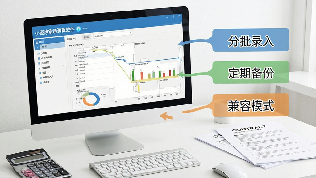 一张展示“小糊涂家装预算软件”使用技巧的示意图,画面中电脑屏幕上显示软件操作界面,旁边有分步骤的提示标签,如“分批录入”“定期备份”“兼容模式”,背景是简洁的办公桌,桌上放着计算器和装修合同,风格清晰实用,画质干净,图片中文字为“小糊涂家装预算软件”