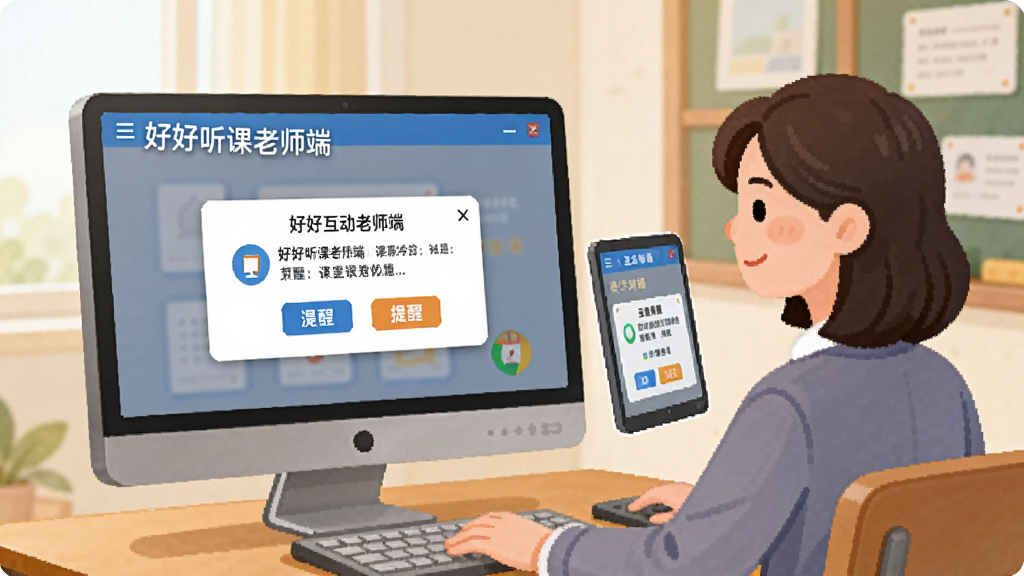 一张展示课堂互动功能的场景图,画面中一位老师坐在电脑前使用“好好听课老师端”,屏幕上弹出互动提醒对话框,旁边有学生端接收提醒的示意图,风格为温馨的教学场景插画,细节包括对话框、图标按钮和课堂元素,画质清晰,干净,无多余元素