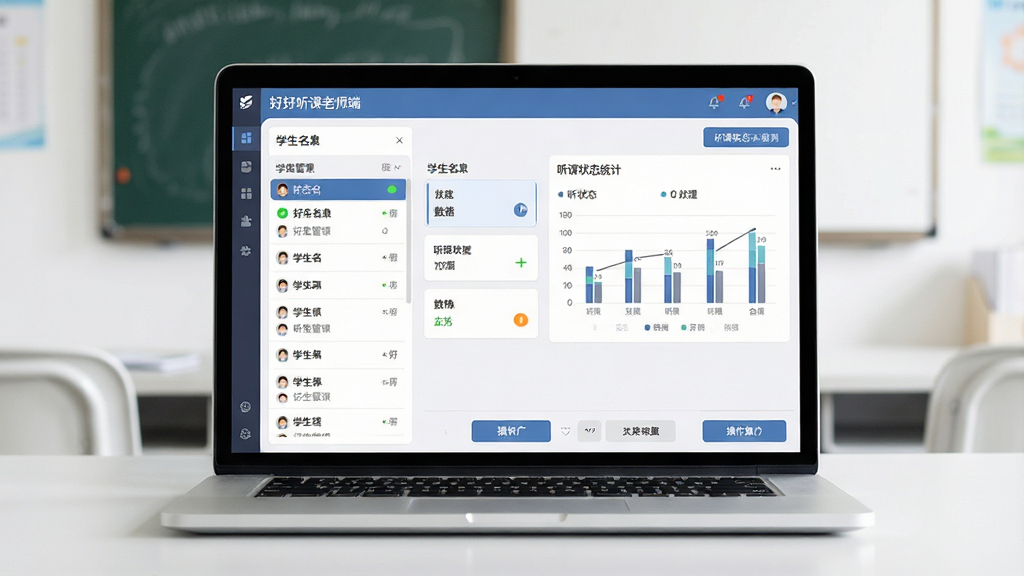 一张展示课堂管理软件的界面预览图,画面中央是一台打开的笔记本电脑,屏幕上显示着“好好听课老师端”的班级管理主界面,左侧是学生名单列表,右侧是听课状态统计图表,整体布局清晰整洁,风格为现代简约的办公软件风,细节包括状态指示灯、数据卡片和底部操作按钮,画质清晰,干净,无多余元素