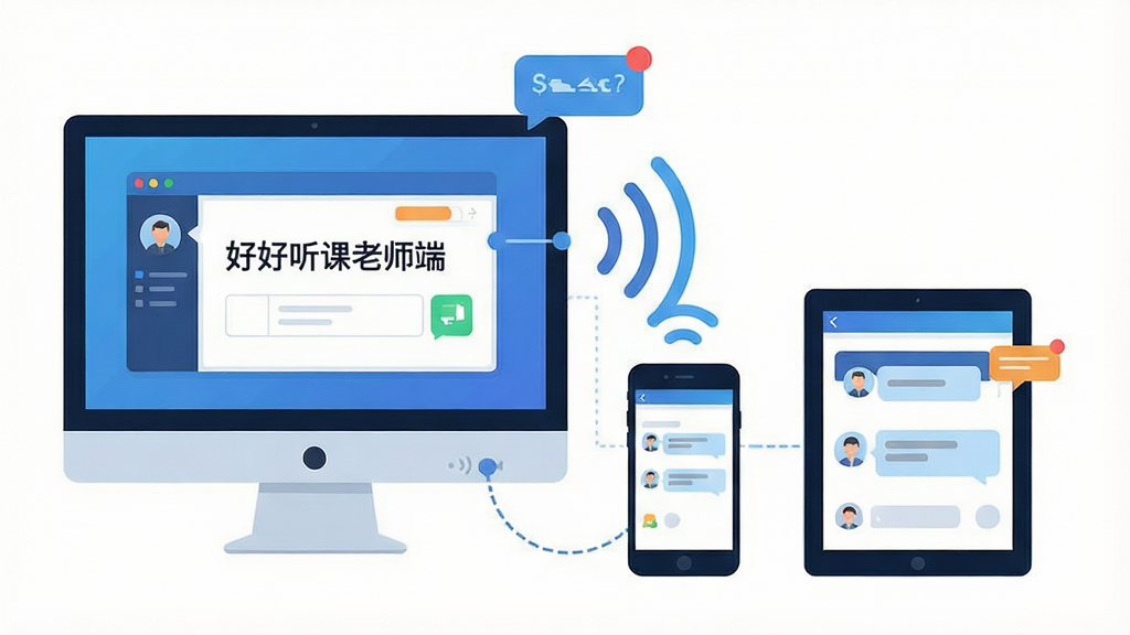 一张展示多端协同的示意图,画面中一台电脑、一部手机和平板电脑通过无线信号连接,电脑屏幕上显示“好好听课老师端”界面,手机和平板上显示学生端接收消息的界面,风格为现代科技扁平化插画,细节包括连接线、图标和通知气泡,画质清晰,干净,无多余元素