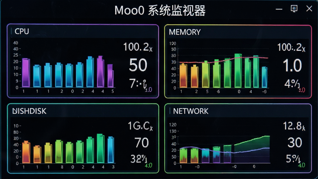 一张软件界面特写图,画面主体是Moo0 系统监视器的主面板,面板上整齐排列着CPU、内存、磁盘、网络四个监控模块,每个模块都有动态变化的彩色柱状图和精确到小数点后一位的数值显示,界面风格为深色主题配霓虹光效,布局采用网格状排列,画质高清,画面干净无杂乱元素,软件名称