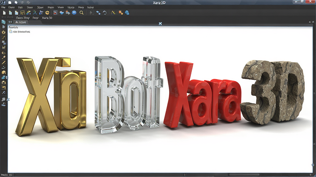 Xara3D软件界面中展示多个3D文字预设样式,画面主体是一排不同材质的立体文字,包括金色金属、透明玻璃、红色塑料和粗糙石材,布局为横向排列,排版整齐,风格为软件功能展示,细节包括每种材质的反光特性和阴影,画质清晰,干净,无多余元素