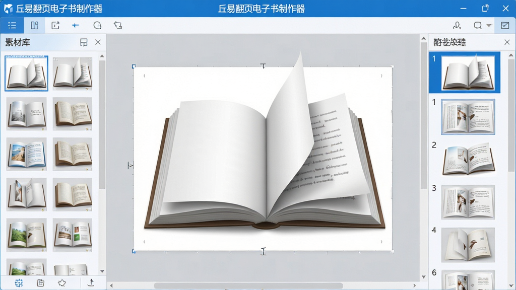 一张展示丘易翻页电子书制作器软件界面的图片,画面中央是软件主编辑窗口,左侧为素材库面板,右侧为页面缩略图列表,中间是正在编辑的翻页电子书页面,页面呈现逼真的书本翻页效果,界面风格简洁现代,配色以蓝色和白色为主,屏幕上方显示软件名称“丘易翻页电子书制作器”,整体布局清晰,细节丰富,画质高清,干净无多余元素