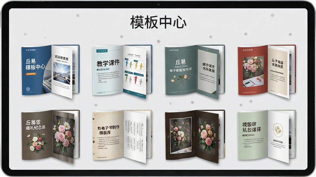 一张展示丘易翻页电子书制作器模板库的图片,画面中排列着多本不同风格的翻页电子书封面,包括商务画册、教学课件、婚礼纪念册等,每本书都呈现立体翻页效果,界面顶部有“模板中心”字样,背景为浅灰色,风格清新简洁,细节清晰,画质高清,干净无多余元素