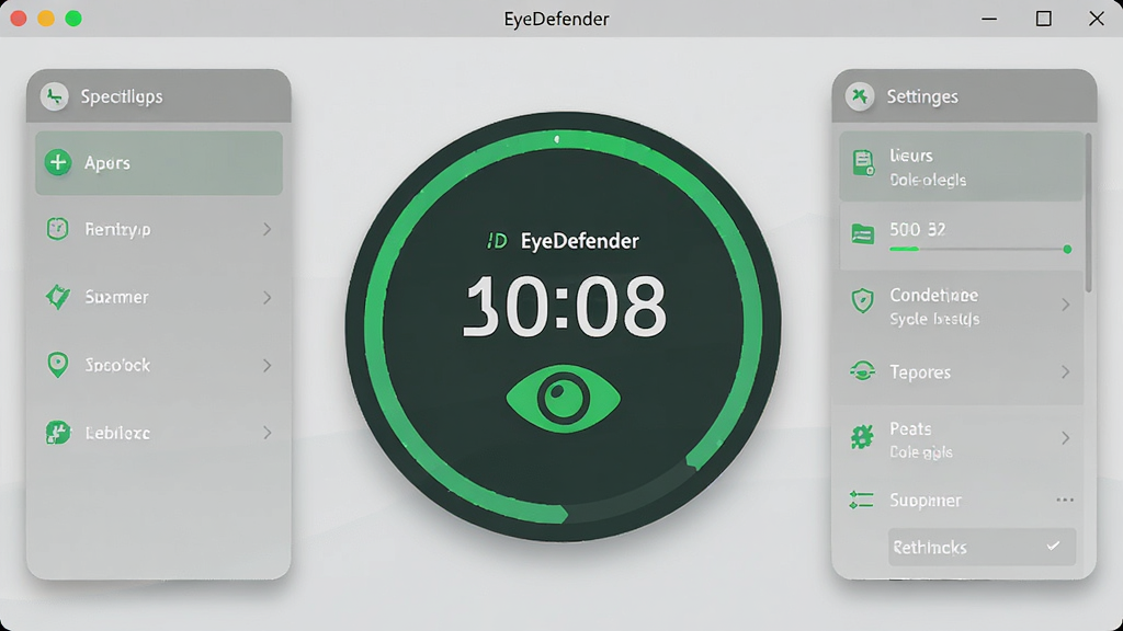 EyeDefender软件主界面,居中显示倒计时圆环与护眼图标,周围环绕设置面板,布局简洁,排版清晰,风格为现代扁平化科技风,细节包含绿色护眼色调与柔和阴影,画质高清,干净,无多余元素