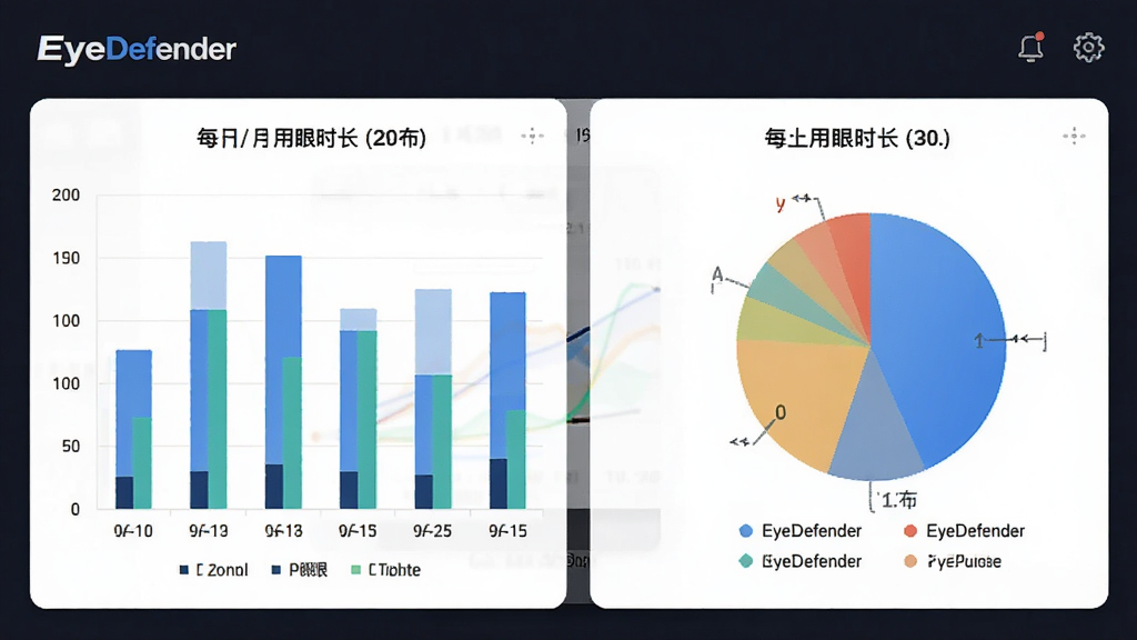 EyeDefender用眼数据统计面板,包含柱状图与饼图展示每日用眼时长分布,布局为卡片式,排版清晰,风格为数据可视化风格,细节包含坐标轴标签与图例说明,画质高清,干净,无多余元素