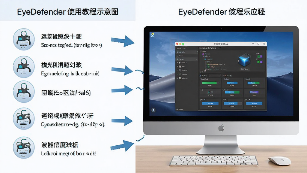 EyeDefender使用教程示意图,画面展示电脑屏幕与软件设置窗口,布局为左右分栏,左侧为操作步骤标注,右侧为界面截图,风格为教学图解风,细节包含箭头指引与文字说明,画质高清,干净,无多余元素