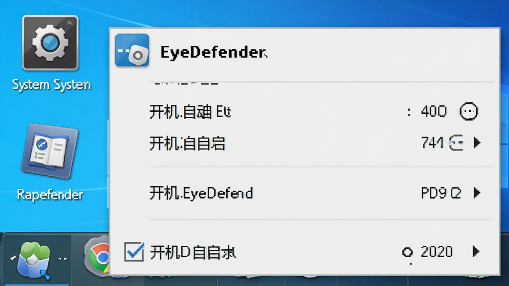 EyeDefender系统托盘图标与右键菜单,显示开机自启选项已勾选,布局为托盘弹出菜单样式,排版紧凑,风格为Windows原生风格,细节包含软件图标与菜单项,画质高清,干净,无多余元素