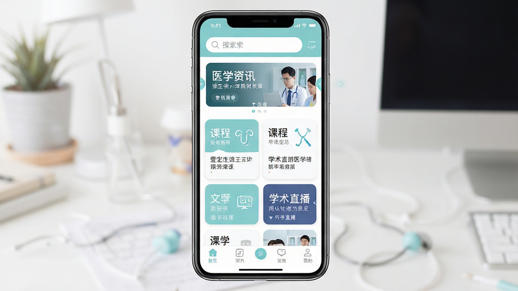 手机屏幕中央展示壹生应用主界面,顶部为搜索栏与医学资讯轮播图,中部为课程卡片与学术直播入口,底部为导航栏,整体布局清晰,白色背景配浅蓝绿色点缀,扁平化UI风格,界面文字清晰无多余装饰,高清画质,干净简洁,无多余元素