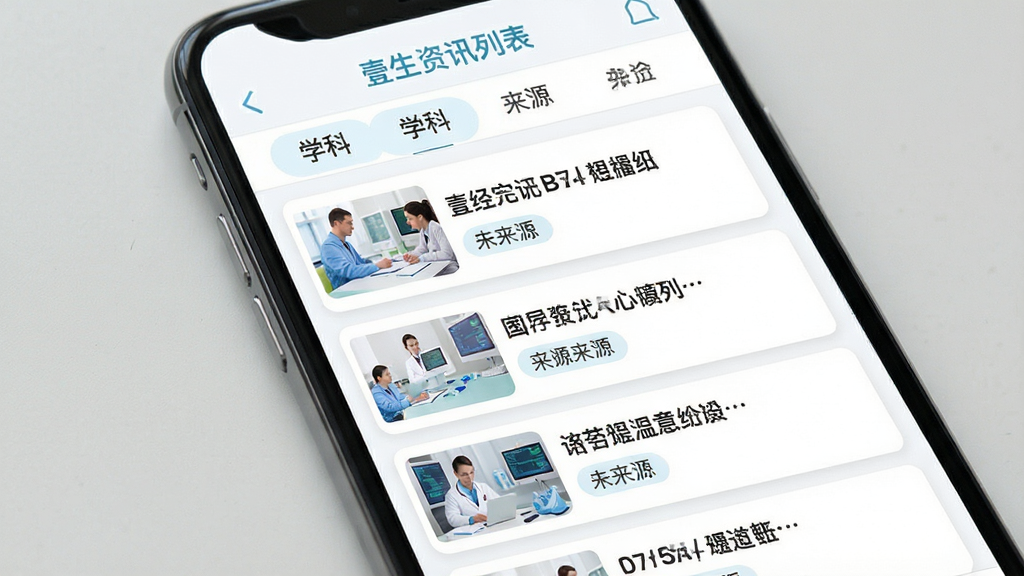 手机界面展示壹生资讯列表页,多条医学资讯卡片纵向排列,每条卡片左侧为缩略图右侧为标题与来源标签,顶部有学科分类选项卡,整体白色背景配淡蓝色标题,扁平化设计风格,排版整齐,高清画质,干净无多余元素