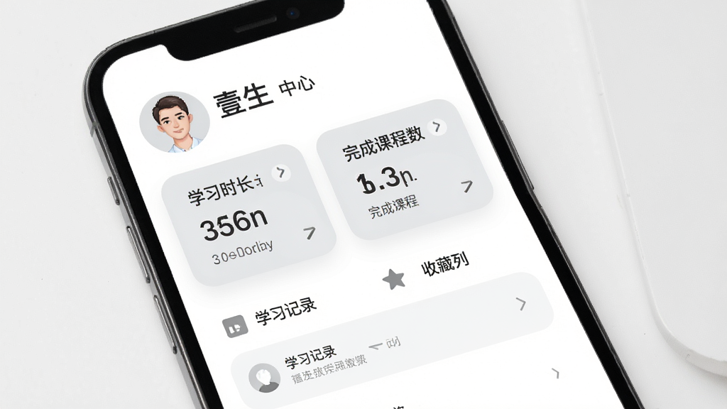 手机界面展示壹生个人中心页面,顶部为用户头像与昵称,中部为学习时长、完成课程数等数据卡片,下方为学习记录与收藏列表入口,白色背景配浅灰卡片,圆角设计,扁平化风格,高清画质,干净无多余元素