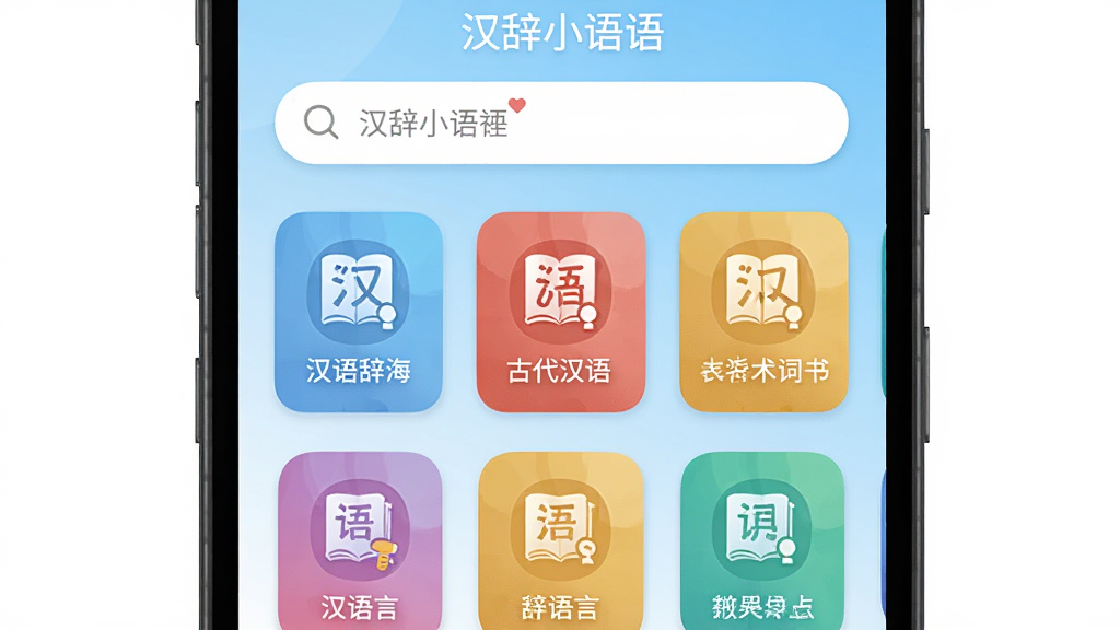 手机屏幕中央展示“汉辞小语种”应用主界面,上方搜索框,下方排列汉语辞海、古代汉语辞书、汉语言学术语词典等彩色图标卡片,背景为浅蓝色渐变,布局简洁对称,扁平化UI风格,细节包含文字标签与圆形功能入口,高清画质,干净无多余元素