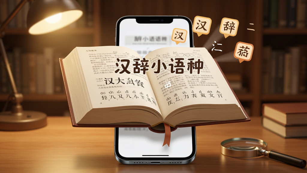 一本打开的厚重汉语大词典悬浮在手机屏幕上方,书页中飞出“汉辞小语种”字样与汉字偏旁部首图标,背景为书房场景,暖色调光线,布局中心突出手机与词典的互动关系,写实与扁平混合风格,细节包含书签、放大镜、拼音标注,高清画质,干净无多余元素