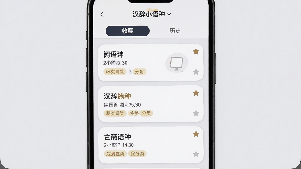手机屏幕显示“汉辞小语种”收藏与历史记录页面,顶部标签栏切换收藏与历史,下方卡片列出词语与释义摘要,每张卡片右侧有星标图标,背景为浅灰色,布局为纵向卡片流,柔和圆角风格,细节包含时间戳、分类标签、空状态插画,高清画质,干净无多余元素