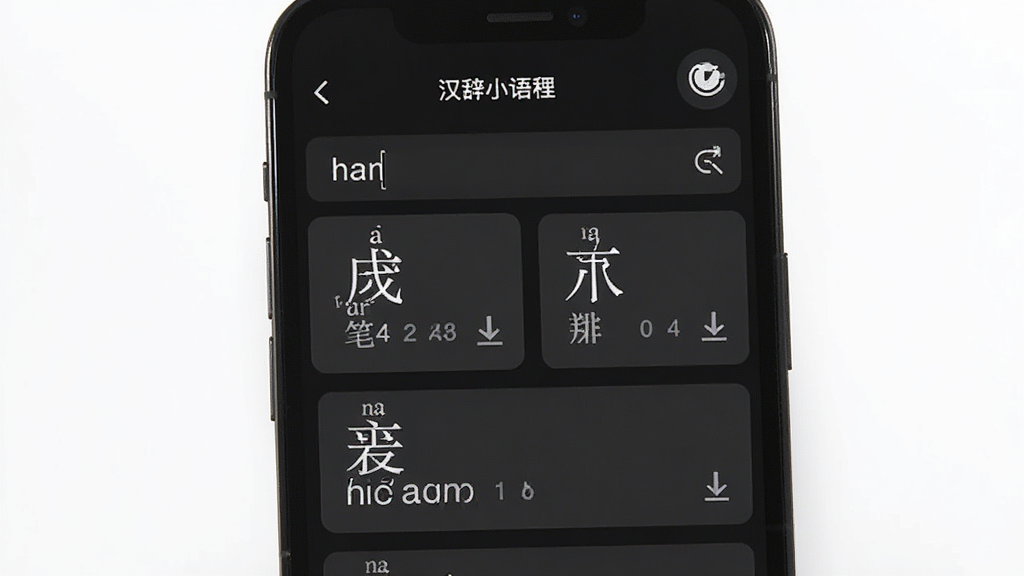 手机屏幕展示“汉辞小语种”离线查询界面,搜索框内输入拼音“han”,下方弹出多个汉字候选与释义卡片,右上角显示离线模式图标,背景为深色护眼模式,布局纵向列表,扁平化风格,细节包含拼音字母、部首笔画数字、下载箭头,高清画质,干净无多余元素