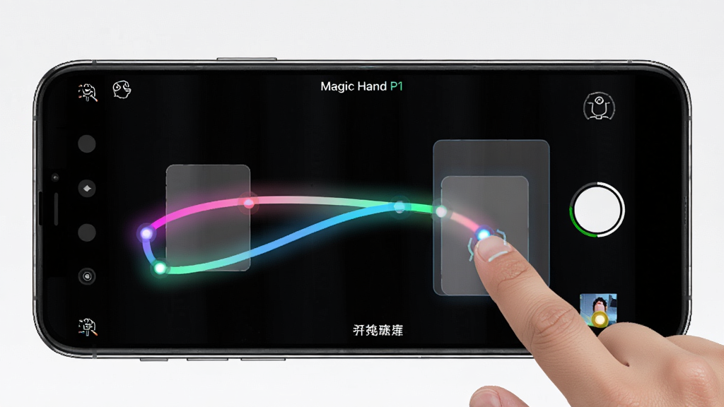 一张展示 Magic Hand P1 操作轨迹可视化的图片,画面中手机屏幕显示彩色滑动轨迹与半透明触发区域,主体是手势录制界面,布局为全屏展示,排版轨迹线条流畅,风格为动感科技风,细节包括轨迹渐变色、触发范围高亮与手指触点,画质清晰,干净,无多余元素