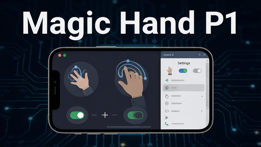 一张展示 Magic Hand P1 软件主界面的图片,画面中央是手机屏幕,屏幕上显示着手势轨迹与操控面板,背景是深色科技感风格,布局简洁清晰,排版突出软件名称 “Magic Hand P1”,风格为现代扁平化设计,细节包括手势图标、开关按钮与设置选项,画质清晰,干净,无多余元素