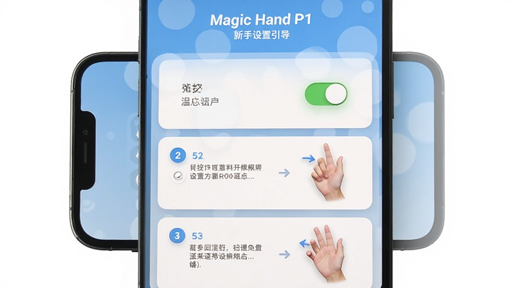 一张展示 Magic Hand P1 新手设置引导的图片,画面中手机屏幕显示权限开启步骤与手势示例,主体是引导界面,布局为分步卡片式,排版从顶部到底部依次排列,风格为友好清新风,细节包括权限开关图标、步骤序号与手势演示图,画质清晰,干净,无多余元素