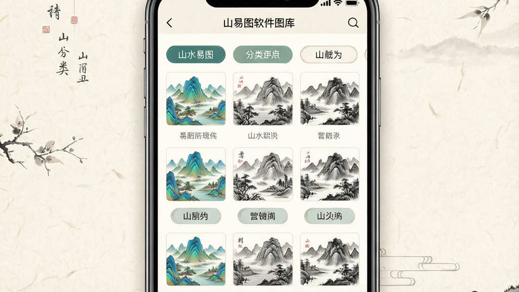 一幅展示山水易图软件图库分类页面的场景图,主体为手机屏幕中呈现多个山水画分类标签与缩略图网格,布局为手机正面居中,背景为淡米色宣纸质感,风格为清新雅致的国风UI,细节包含青绿山水缩略图、水墨山水缩略图、分类标签按钮,画质清晰,画面干净,无多余元素