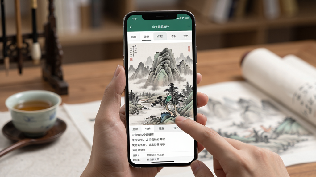 一幅展示山水易图软件在手机上流畅浏览山水画的场景图,主体为手持手机查看山水画详情页,布局为手机屏幕占据画面中心,背景为柔和的书房环境,风格为写实生活场景,细节包含手机屏幕中的山水画、手指滑动动作、桌面上的茶杯与宣纸,画质高清,画面干净,无多余元素