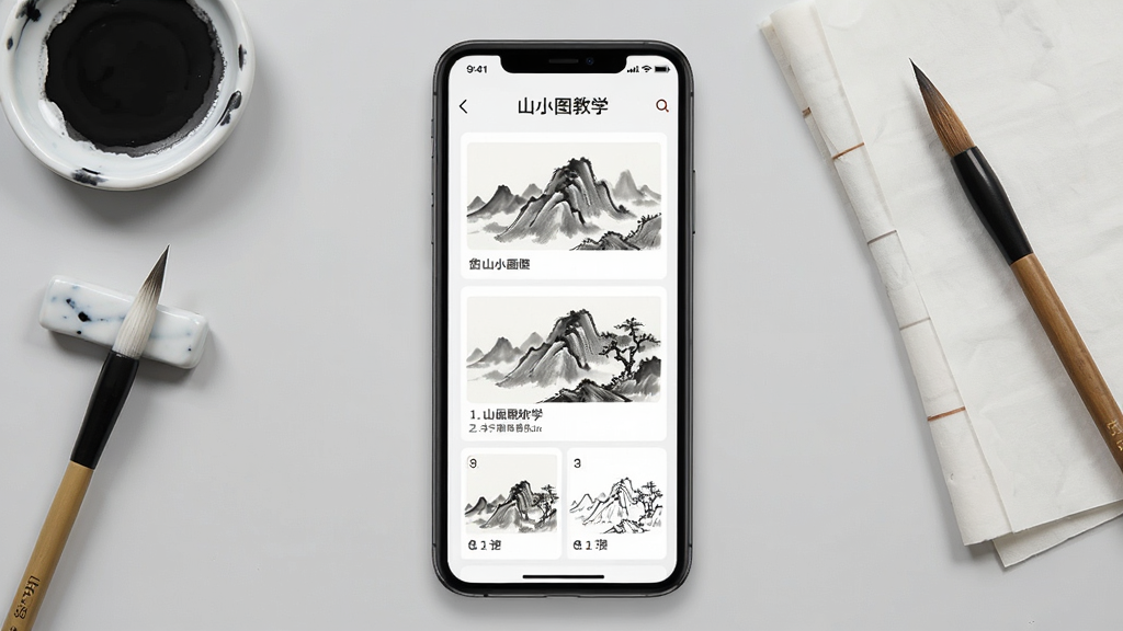一幅山水易图软件内山水画教程页面的场景图,主体为手机屏幕中显示分步骤的山水画教学图文,布局为手机居中展示,背景为浅灰色桌面,风格为简约教学界面,细节包含毛笔、墨碟、宣纸、步骤示意图,画质高清,画面干净,无多余元素
