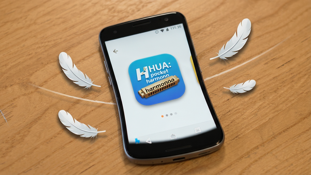 轻量运行概念图,一部普通安卓手机放在桌面,屏幕显示HUA: pocket harmonica 应用图标与运行界面,周围有羽毛或轻量符号,主体是手机与应用,布局简洁,排版留白充足,风格清新简约,细节包括图标阴影与桌面纹理,画质清晰,干净,无多余元素