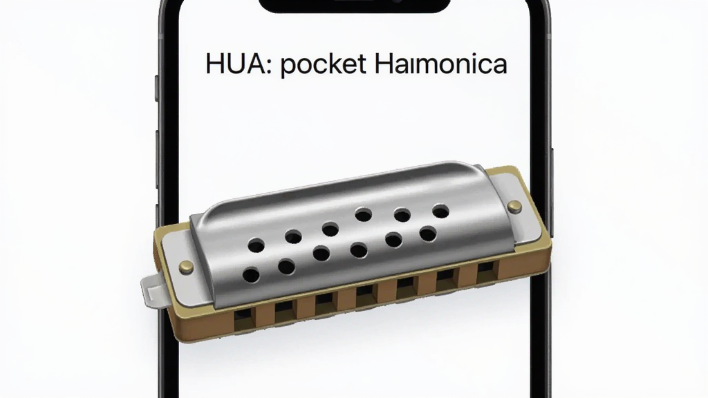 HUA: pocket harmonica 手机应用主界面,中央是一把虚拟口琴,屏幕上方显示软件名称文字“HUA: pocket harmonica”,布局简洁,排版居中,风格清新现代,细节包括吹嘴按键与音孔排列,画质清晰,干净,无多余元素