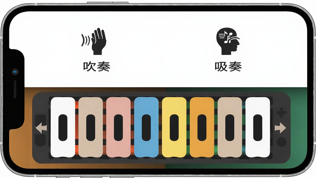 吹吸双模式切换界面,手机屏幕分为上下两个区域,分别标注吹奏与吸奏图标,主体是虚拟口琴按键,布局对称,排版清晰,风格扁平化设计,细节包括箭头指示与色块区分,画质清晰,干净,无多余元素
