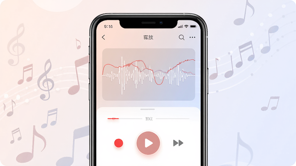 录音回放功能展示,手机屏幕显示录音波形与回放按钮,背景有音符飘动,主体是录音界面,布局上下结构,排版直观,风格柔和现代,细节包括红色录制圆点与波形线条,画质清晰,干净,无多余元素